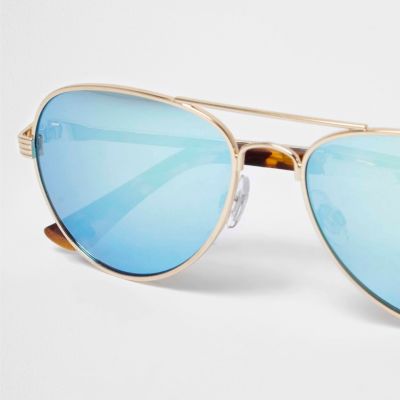 Gold tone blue lens aviator sunglasses